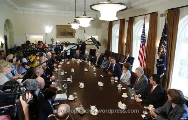 Obama membahas rencana reaksi militer ke Suriah dgn para pemimpin Kongres di Gedung Putih, Washington, DC