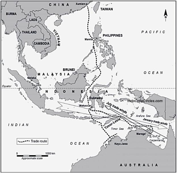 Peta rute perdagangan (trade route) antara Makassar dan sekitar Indonesia timur dan Australia. Tampak wilayah bernama "Kayu Jawa" dan "Marege" di wilayah Australia Utara.